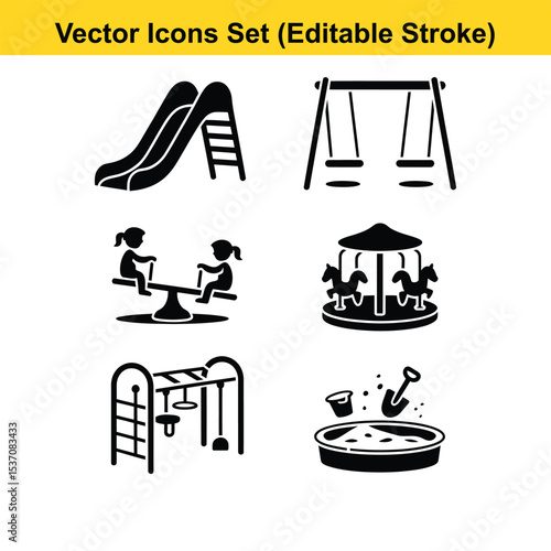 Kids Playground Solid Vector Icon Set - Editable Stroke Playtime Symbols