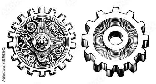 Vector Intricate clockwork mechanisms are displayed within toothed gear frames.
