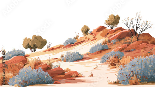 A digital illustration depicting a minimalist landscape. The scene features a sandy hillside with red rock outcroppings, sparse vegetation including small shrubs and trees, and a winding