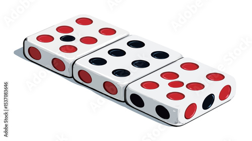 Isometric illustration of three dice stacked together. Each die has six sides with a pattern of red and black dots. The dice are rendered in a clean, simple style against a white background.
