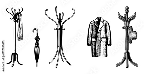 Vector Vintage coat racks display classic attire and accessories.