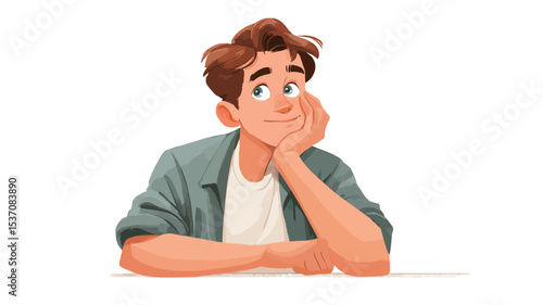 A digital illustration depicting a young man with brown hair, wearing a gray shirt over a white t-shirt. He is shown from the chest up, with his elbows resting on a surface and his hand supporting