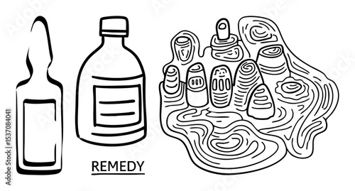 Vector Hand applying remedy from bottles featuring the word REMEDY.