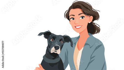 A digital illustration depicting a smiling young woman with shoulder-length brown hair, wearing a light blue blazer. She is shown from the chest up and is gently holding a black mixed-breed dog