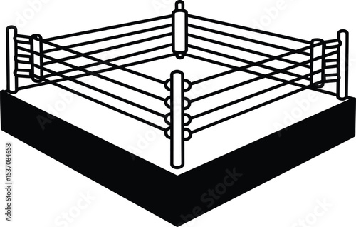 Boxing Ring Icon: A stark black and white vector graphic features a boxing ring, a symbol of combat and athletic competition, rendered in a clean, minimalist style.