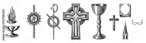 Vector Collection of ornate religious symbols and objects in a vintage engraving style.