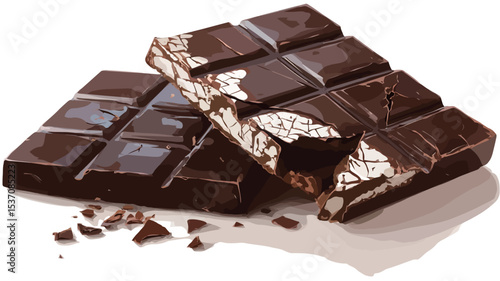 Close-up studio shot of a dark chocolate bar with visible nuts inside.  A portion of the bar is broken, revealing the inner texture and nuts.  Several small pieces of chocolate are scattered around