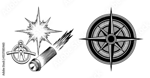 Vector Vintage navigational instruments including a sextant and a decorative compass rose are illustrated in a classic style.