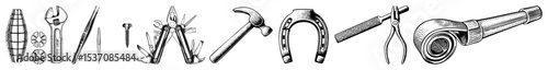 Vector Assortment of vintage crafting tools illustrated in a detailed vector style.