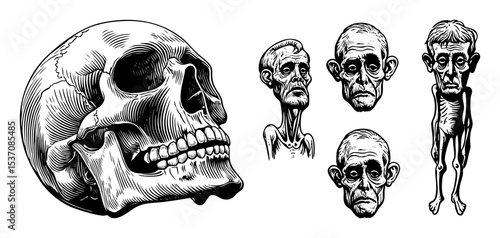 Vector Detailed anatomical skull and gaunt figures set.