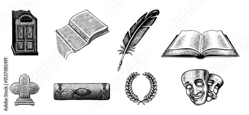 Vector Vintage literary symbols including books quill and theatrical masks are presented as detailed engravings.