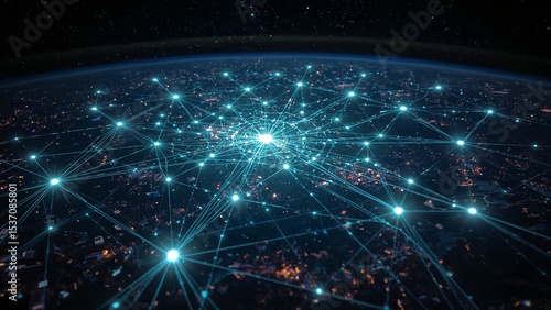 Global network connections over a planet's surface.