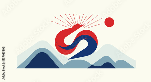 A stylized, abstract representation of the Korean flag, blending red and blue colors in dynamic shapes.
