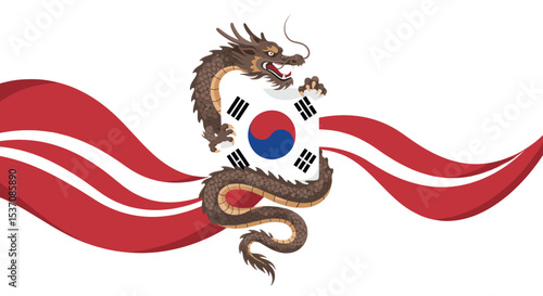 A South Korean flag combined with a dragon image, also featuring flowing waves and a symbol of national pride.