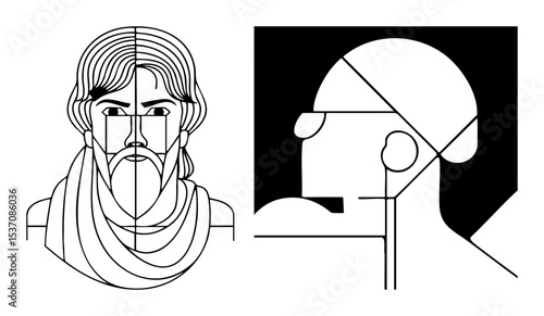 Vector Geometric portraits of bearded man and profile head illustrations.
