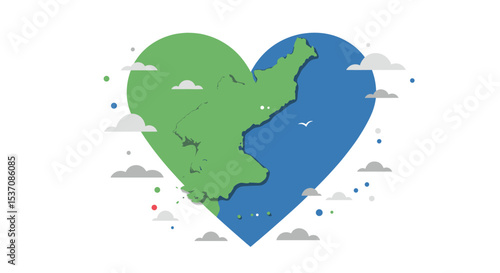  A heart-shaped design with two contrasting colors, representing the division between two regions, possibly a depiction of the Korean Peninsula, with green and blue sides indicating North and South Ko