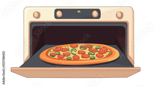 A digital illustration depicts a round pizza with pepperoni and green pepper toppings on a dark baking sheet inside a light beige home oven. The oven door is slightly ajar, showcasing the pizza.