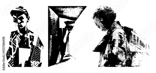 Vector Stylized figures depict contemplation and urban solitude.