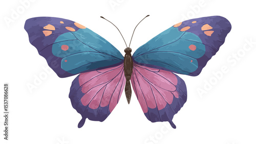 A detailed digital illustration of a butterfly with predominantly pink and blue wings. The wings feature intricate patterns of smaller pink and blue dots and shapes. The body of the butterfly is
