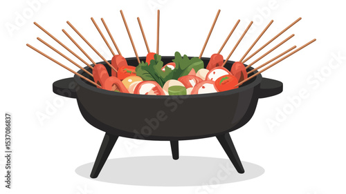 A digital illustration depicting a black cast iron pot with three short legs.  The pot contains several skewers laden with shrimp, cherry tomatoes, and green vegetables. The skewers are arranged