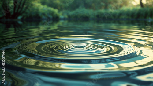 Wallpaper Mural Circular ripples expanding on calm water surface with lush green vegetation in background Torontodigital.ca