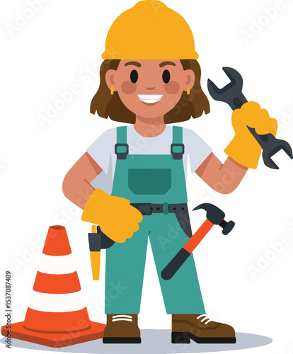 Female Construction Worker Cartoon – Builder Woman Holding Tools Illustration