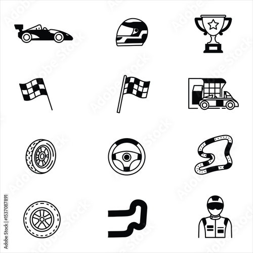 Black and white racing icons set featuring race car helmet checkered flag tire steering wheel race track and trophy Vector Icons for Business, Web, UI/UX, and Design Projects