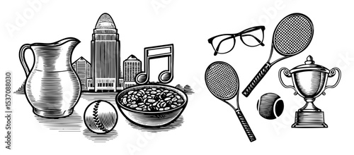 Vector curated collection of vector illustrations featuring a cityscape sports equipment food and decorative objects.
