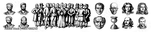Vector Collection of vintage portrait illustrations and a group of men depicted in a linear style.