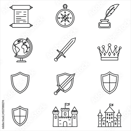 Black and White Line Art Icons Set Medieval Theme Scroll Compass Quill Globe Sword Crown Shields Castle Vector Icons for Business, Web, UI/UX, and Design Projects