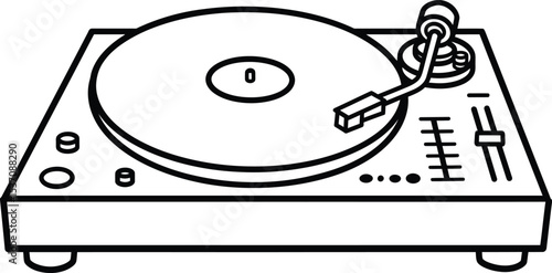 Turntable Icon: A detailed line art illustration of a turntable, showcasing its essential components with precision, inviting one to experience the rhythm of sound and the joy of music.