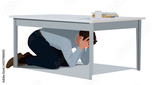 A vector illustration depicts a man on his knees under a light grey rectangular table, his hands covering his face. The man is wearing a light grey long-sleeved shirt and dark blue pants.
