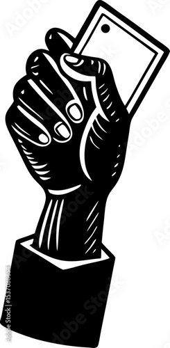 Graphic depiction of a hand firmly holding a rectangular object with stylized linework representing strength and control in a monochromatic color scheme
