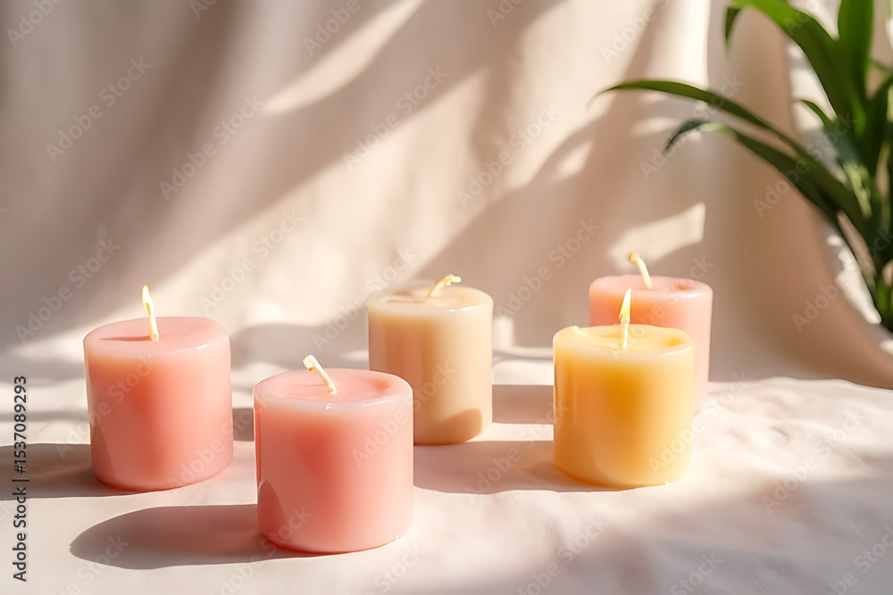 Macro shot of group of pastel-colored spa candles placed on linen fabric with shadows from plants, soft atmosphere Macro shot of group of pastel-colored spa candles placed on linen fabric with shadows from plants, soft atmosphere