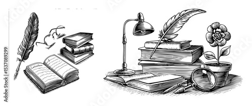 Vector Vintage writing setup with books quill and open journal.