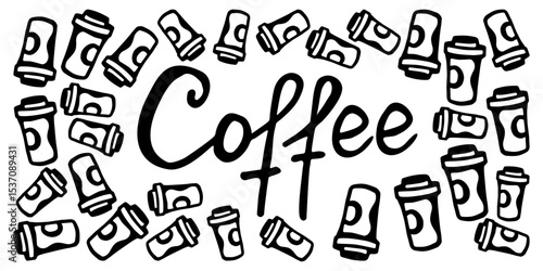 Vector horizontal black and white banner with coffee cups and calligraphic signature on a white isolated background
