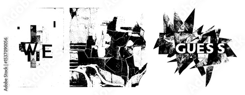 Vector Abstract typographic featuring We Guess text within fractured shapes.