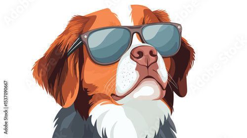 A stylized vector illustration of a Bernese Mountain Dog's head and shoulders. The dog is wearing mirrored sunglasses. The style is cartoonish, with a clean, graphic look. The background is pure