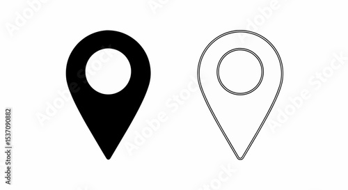 This high-quality vector image features a solid black map marker pin and a matching black outline, both with fine detail, clean edges, and a flat, shadow-free appearance against a white background.