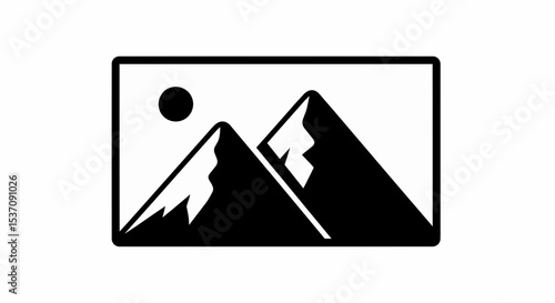 This high-quality vector graphic features two black silhouette mountain peaks with a circle (sun/moon), all enclosed within a solid black rounded rectangle, with fine details and sharp edges.