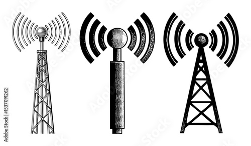 Vector Vintage radio transmission towers with radiating waves .