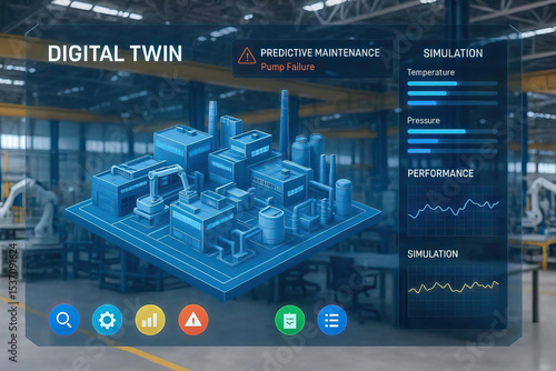 Digital twin, predictive maintenance, simulation temperature, pressure performance factory and industrial automation, visualized in modern manufacturing, environment with advanced technology.