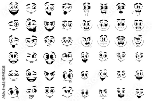 Delightful Collection of Cartoon Faces.Happy or sad comic emotions collection .Cartoon comics faces set, Smiling, crying and surprised character face icons.