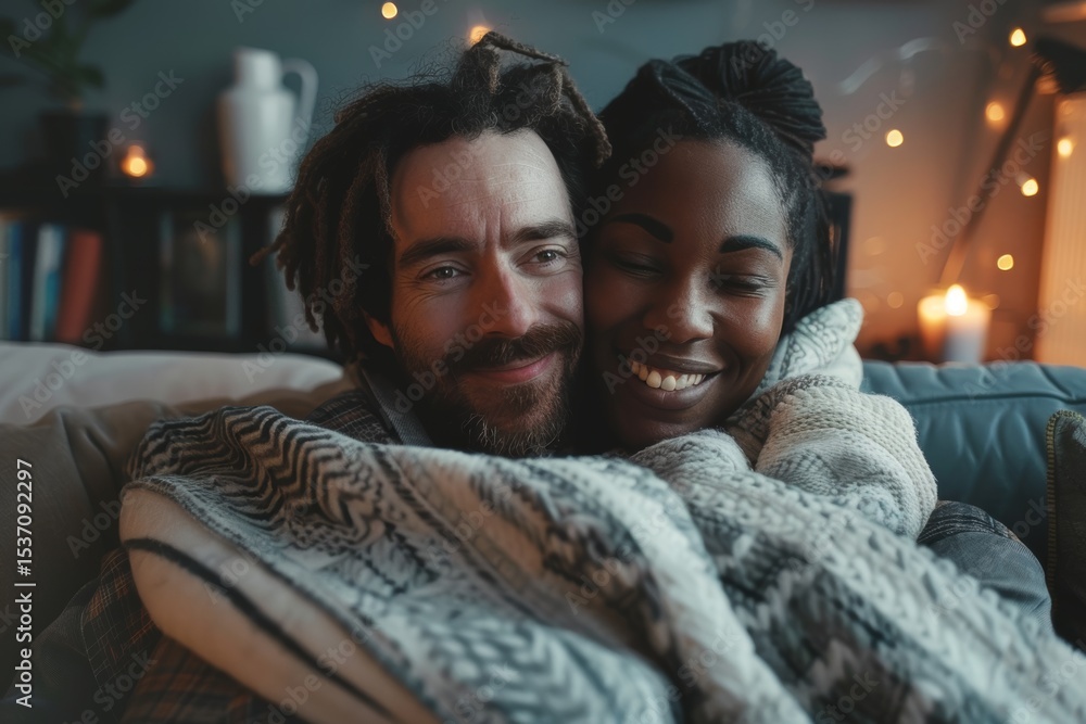 Portrait of a glad multiethnic couple in their 50s sharing a blanket on the couch Portrait of a glad multiethnic couple in their 50s sharing a blanket on the couch