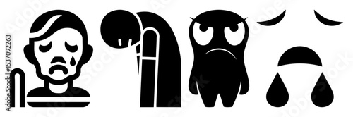 Vector Sadness and despair depicted through minimalist vector illustrations of grieving figures and teardrops.