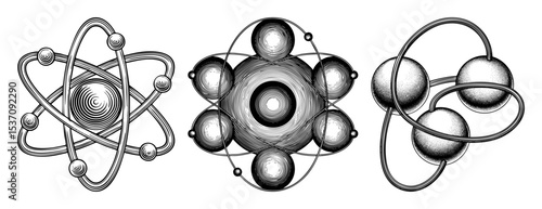 Vector Detailed atomic structure illustrations depict scientific models with orbiting particles.