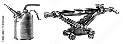 Vector Vintage oil can and hydraulic floor jack .