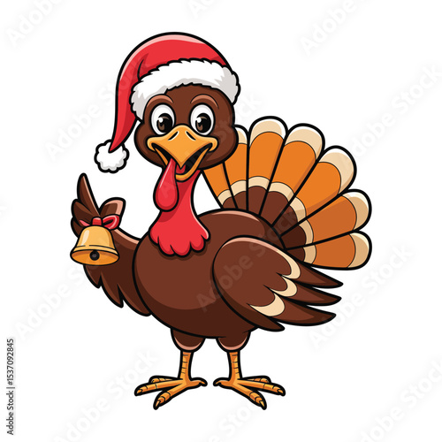 A cheerful cartoon turkey wearing a Santa hat and holding a jingle bell in one wing. The turkey has a big smile, bright eyes, and colorful tail feathers with shades of brown and orange.