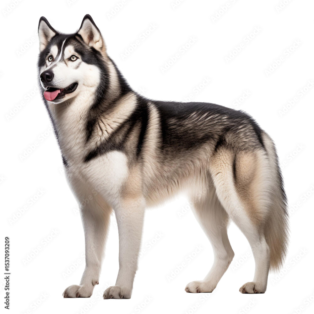 Obraz premium Majestic Husky in Full View: This image showcases the stunning beauty of a husky, its striking coat and attentive gaze captivate the viewer, representing loyalty and companionship.