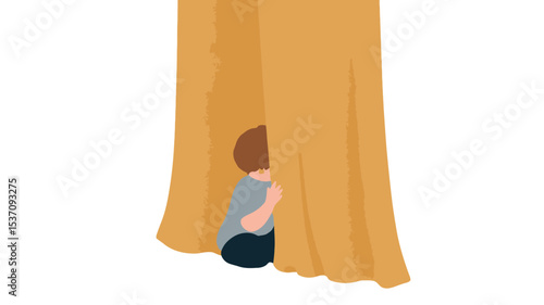 A digital illustration depicting a child, appearing to be a young boy, sitting and hiding behind a yellow curtain. The child is viewed from behind, with only the back of their head and shoulders